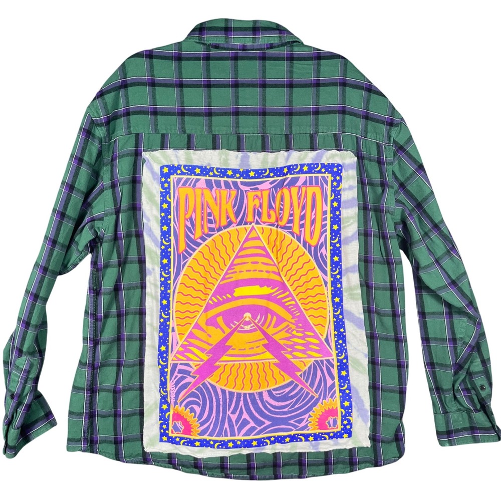 Pink Floyd Upcycled Flannel Shirt Mens XL Green Plaid Graphic Patch Streetwear